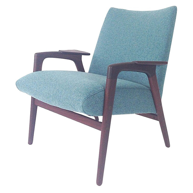 Armchair in solid teak and blue turquoise fabric, EKSTRÖM - 1950s