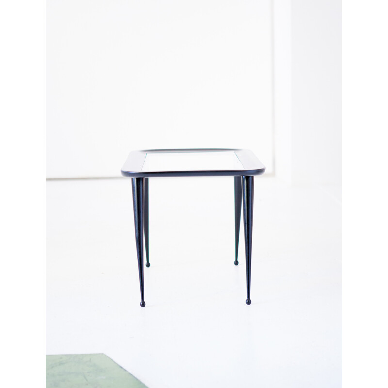 Vintage black lacquered wood with glass top side table - 1950s
