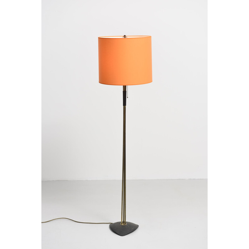 Vintage brass floor lamp with orange lamp shade - 1950s