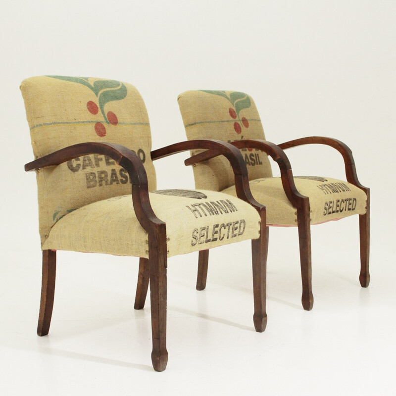 Pair of Italian armchair lined with coffee bags jute - 1940s