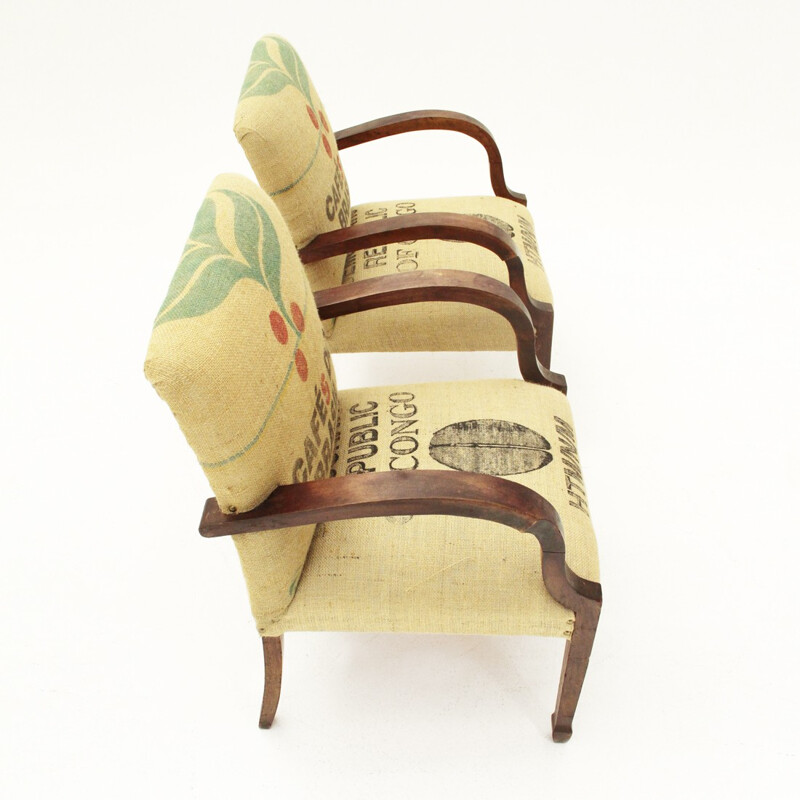 Pair of Italian armchair lined with coffee bags jute - 1940s