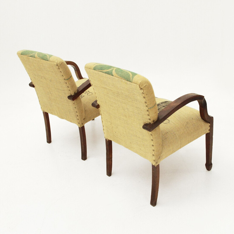 Pair of Italian armchair lined with coffee bags jute - 1940s