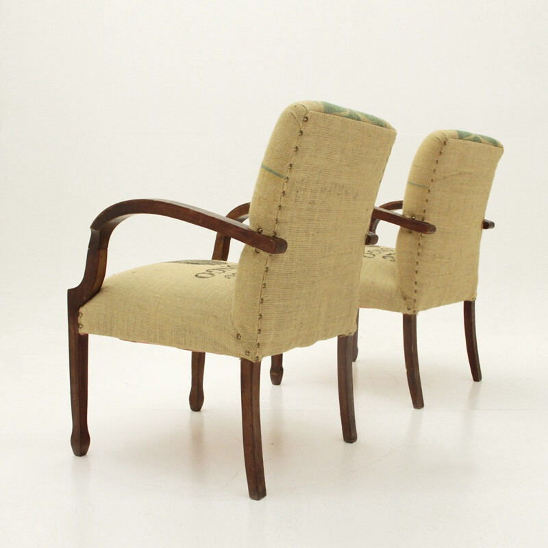 Paire de fauteuils italiens doublés de sacs de café en jute - 1940