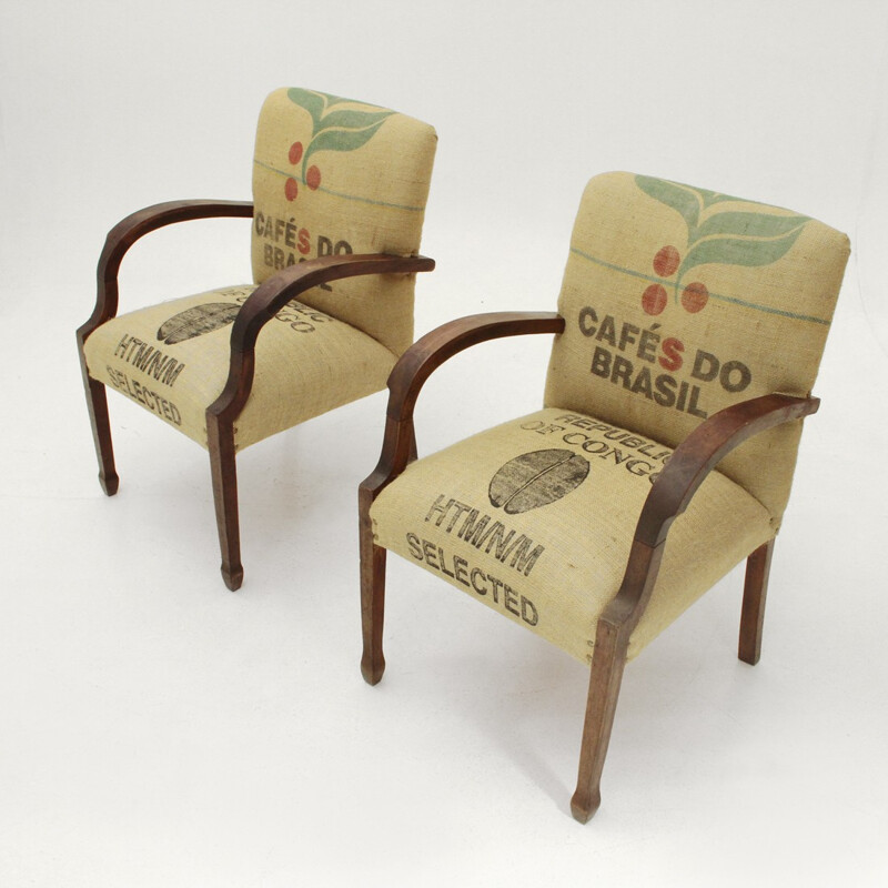 Paire de fauteuils italiens doublés de sacs de café en jute - 1940