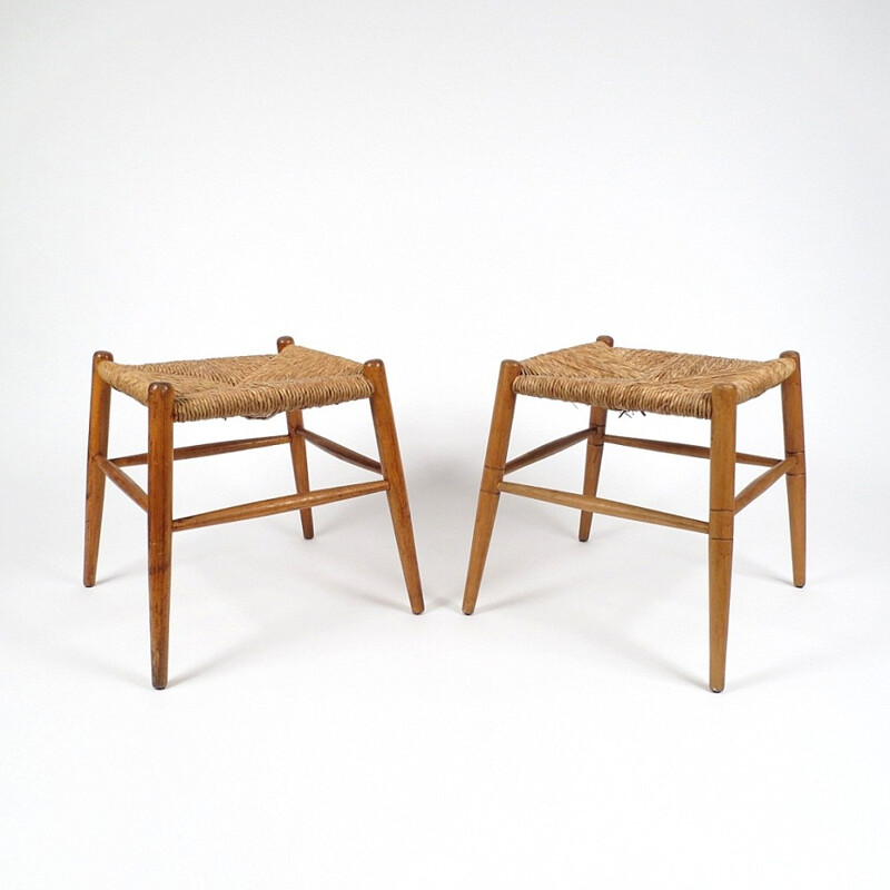 Set of 2 Mid-century Danish wood and cane stools - 1960s