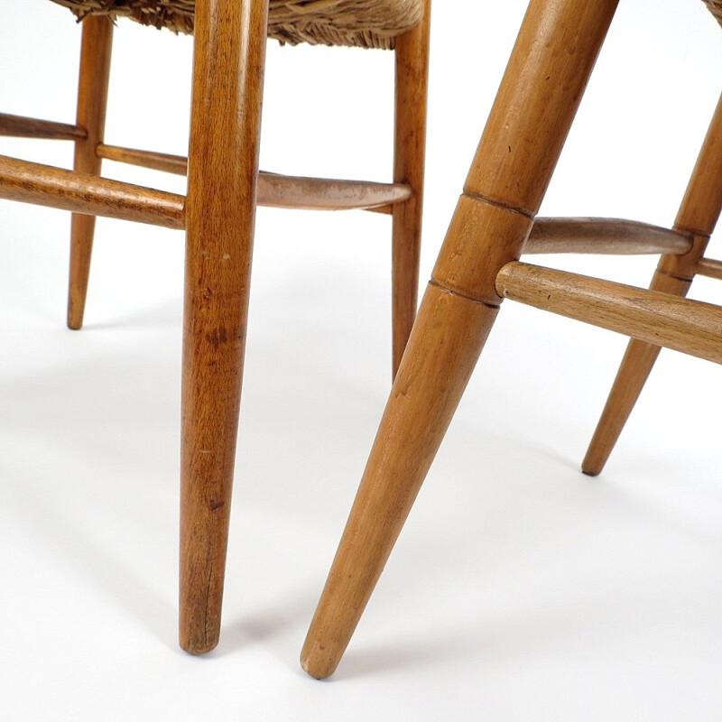 Set of 2 Mid-century Danish wood and cane stools - 1960s