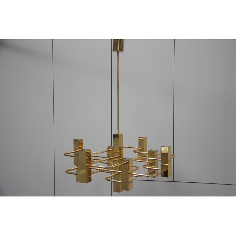 Vintage brass chandelier with 9 light sockets - Gaetano Sciolari - S.A. Boulanger - Belgium - 1970s