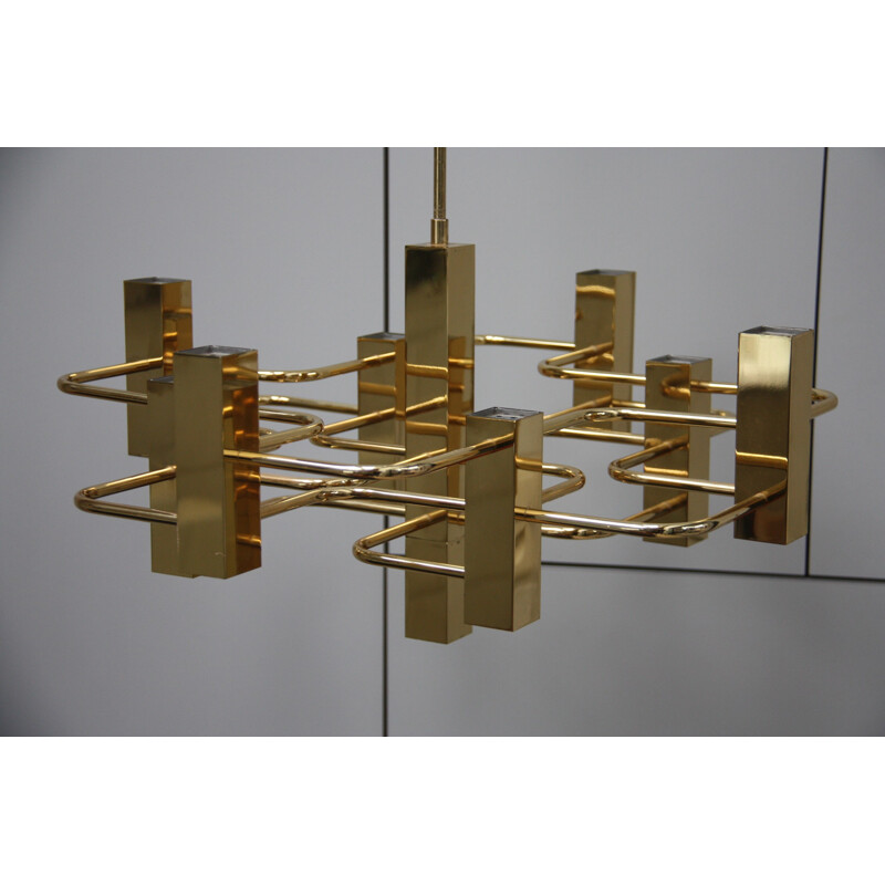 Vintage brass chandelier with 9 light sockets - Gaetano Sciolari - S.A. Boulanger - Belgium - 1970s