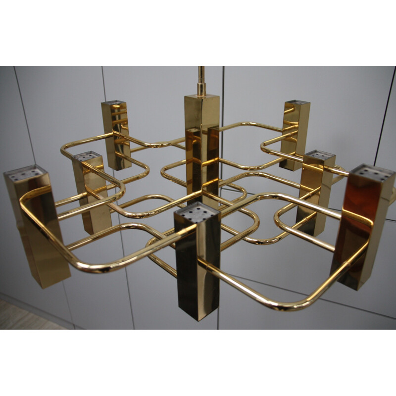 Vintage brass chandelier with 9 light sockets - Gaetano Sciolari - S.A. Boulanger - Belgium - 1970s