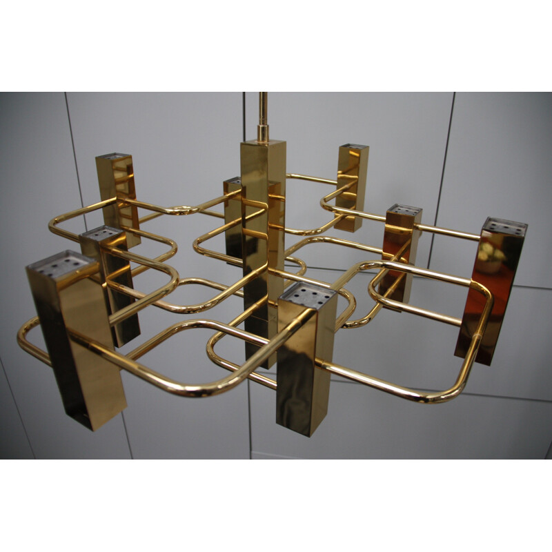 Vintage brass chandelier with 9 light sockets - Gaetano Sciolari - S.A. Boulanger - Belgium - 1970s