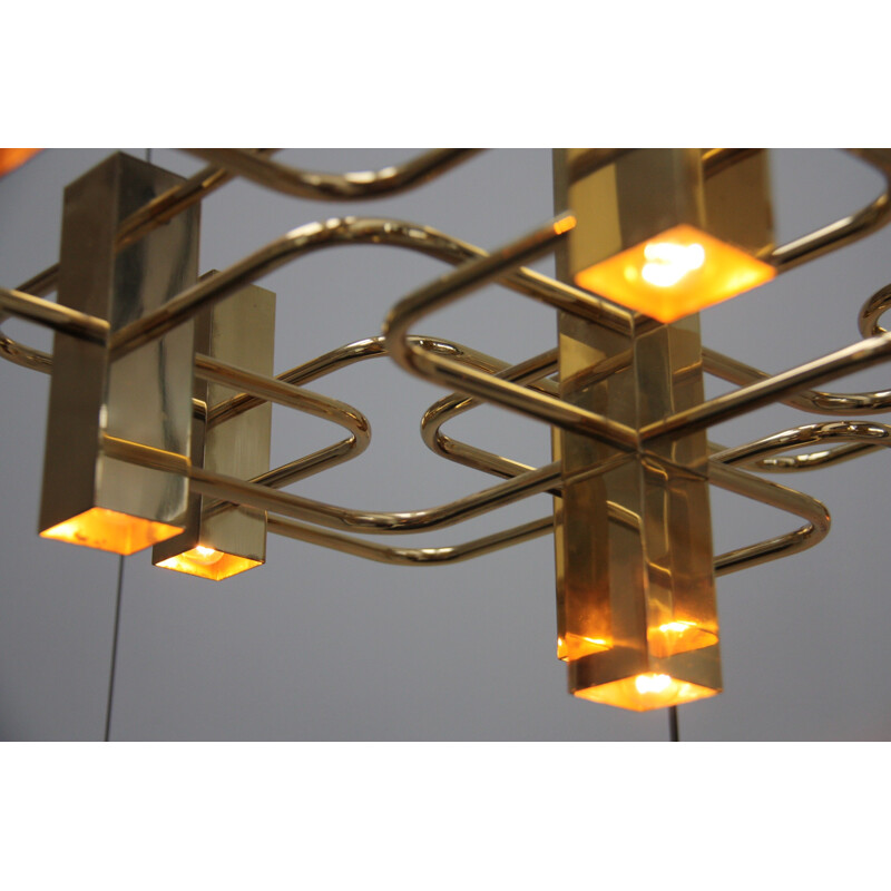 Vintage brass chandelier with 9 light sockets - Gaetano Sciolari - S.A. Boulanger - Belgium - 1970s