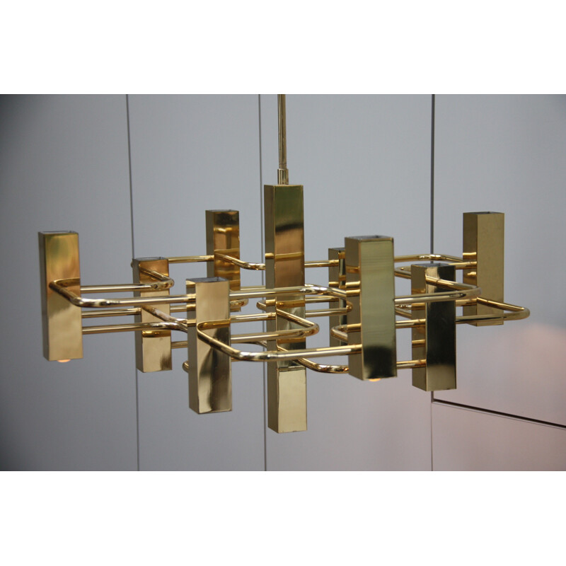 Vintage brass chandelier with 9 light sockets - Gaetano Sciolari - S.A. Boulanger - Belgium - 1970s