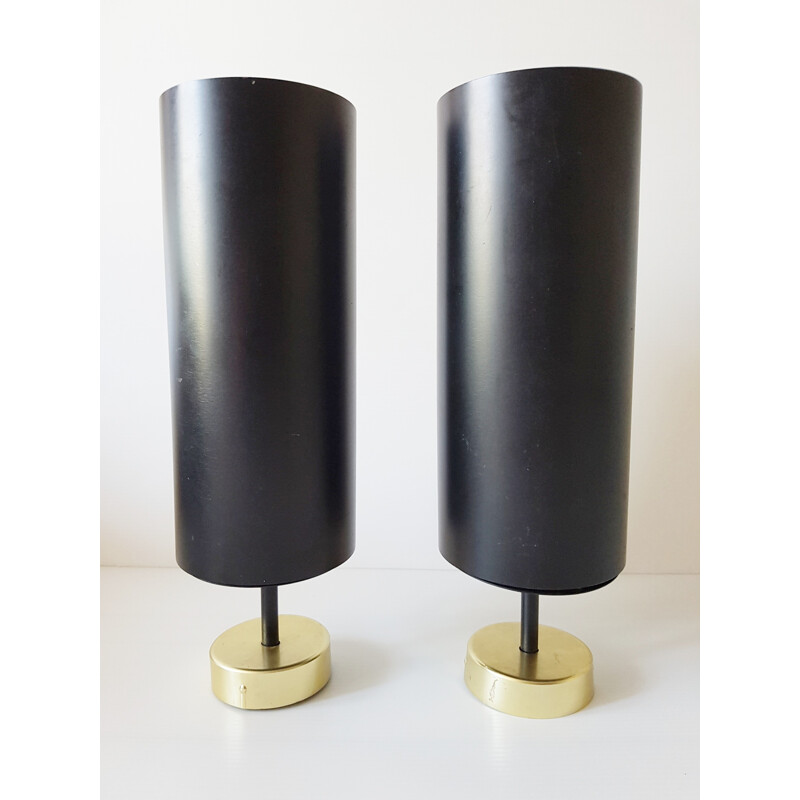 Pair of vintage cylindrical metal and brass sconces, 1950