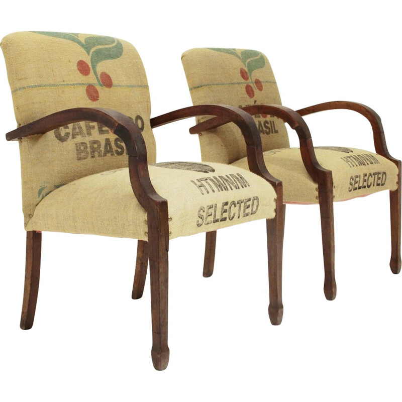 Pair of Italian armchair lined with coffee bags jute - 1940s