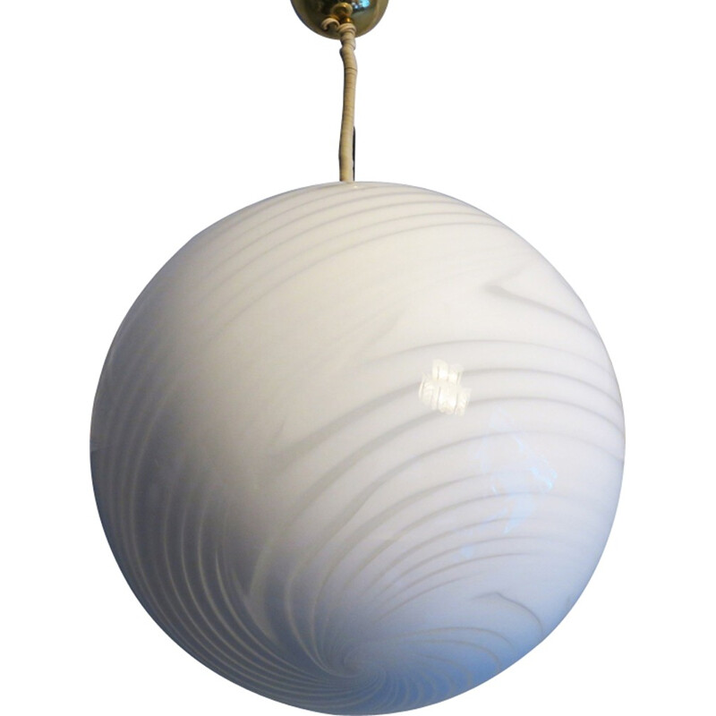 Mid-century Italian Murano Spiral Glass and Brass Pendant Globe - 1970s
