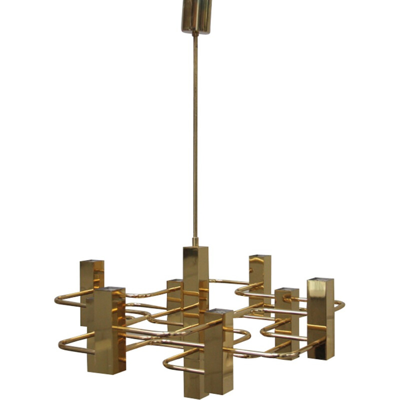 Vintage brass chandelier with 9 light sockets - Gaetano Sciolari - S.A. Boulanger - Belgium - 1970s