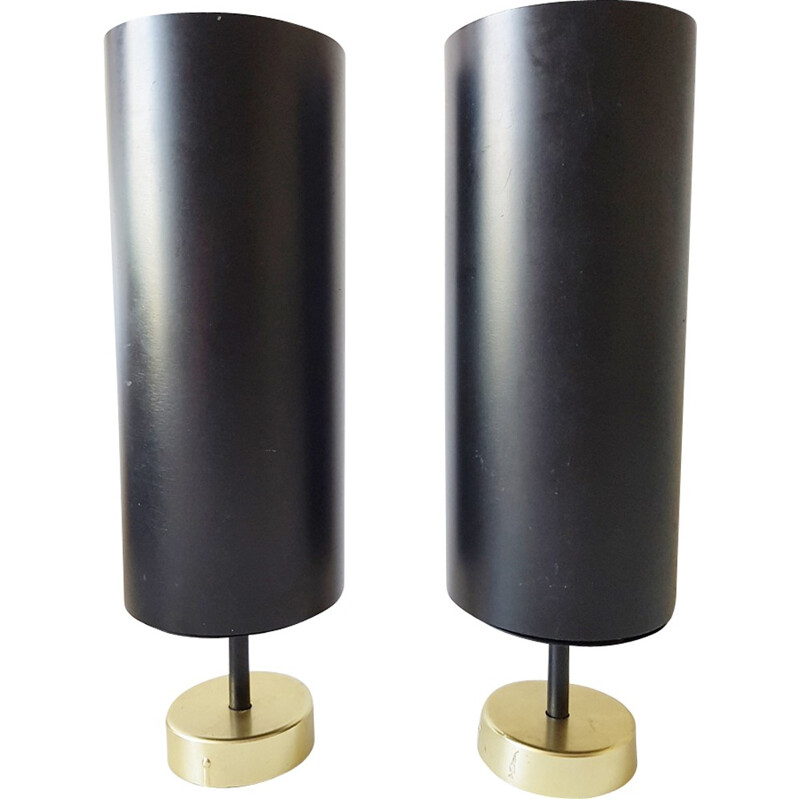 Pair of vintage cylindrical metal and brass sconces, 1950