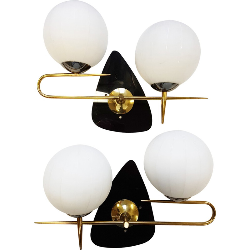 Set of 2 wall lamps in brass, plexiglass and glass - 1950s
