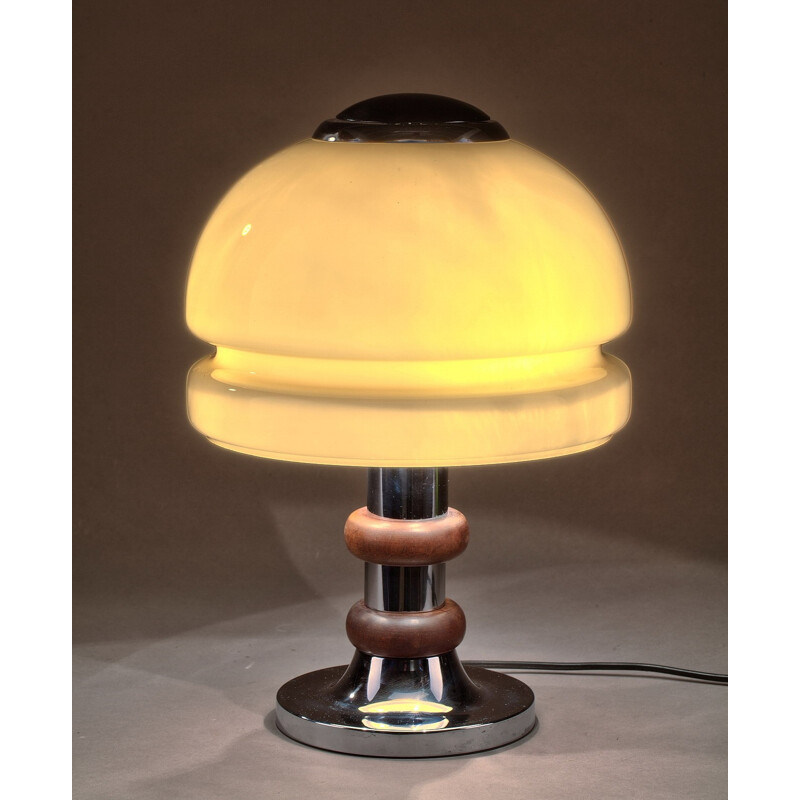 Lampe de table en verre opalin et métal chromé - 1950