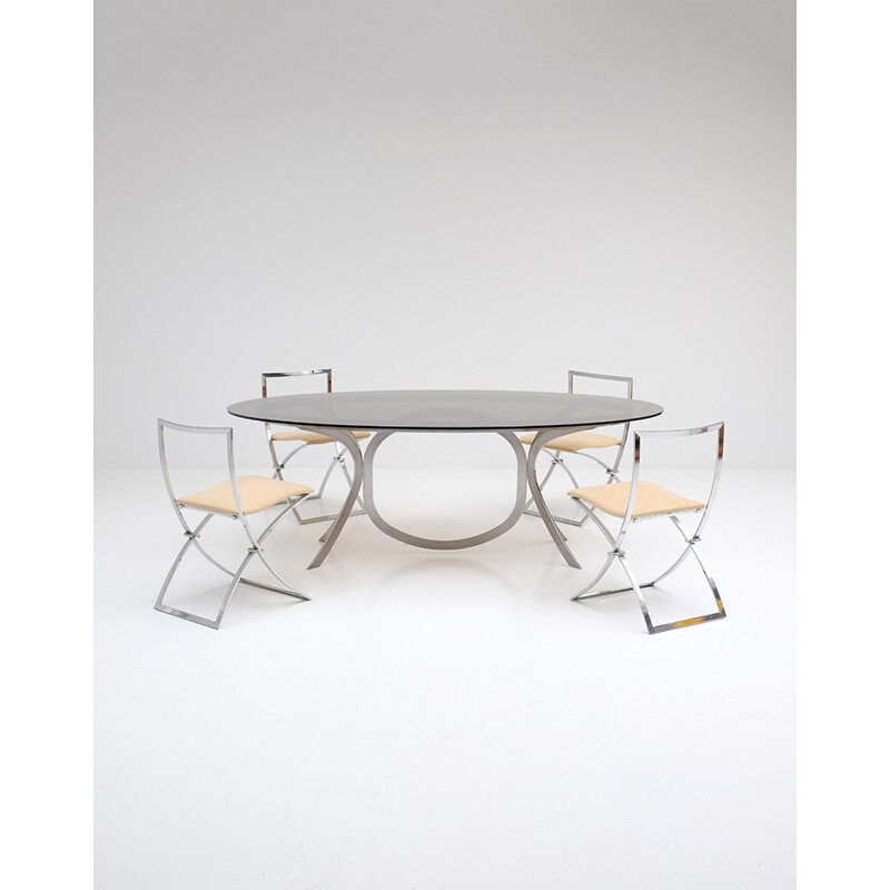 Dining table in brushed stainless steel and chrome - 1970s