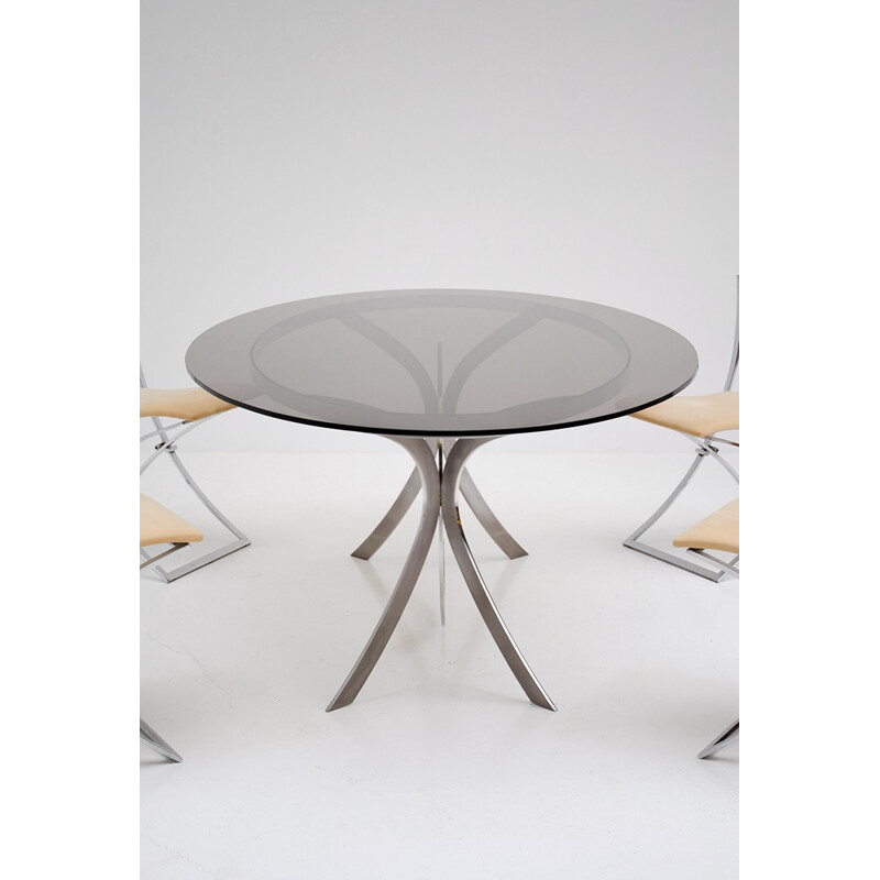 Dining table in brushed stainless steel and chrome - 1970s