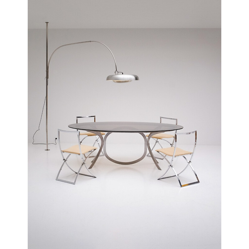 Dining table in brushed stainless steel and chrome - 1970s