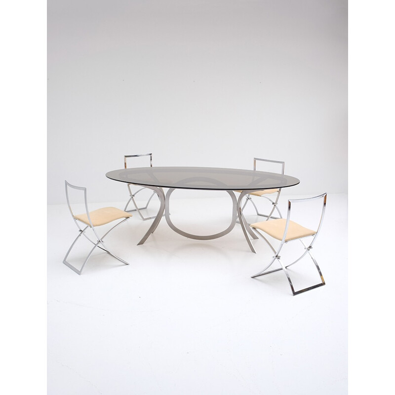 Dining table in brushed stainless steel and chrome - 1970s