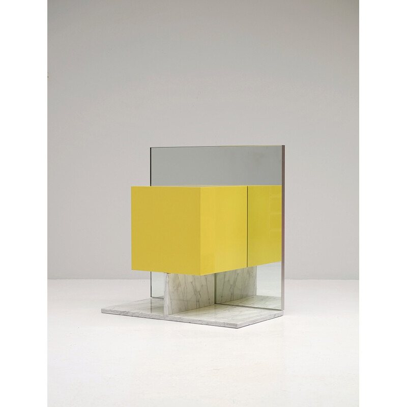 Pieter De Bruyne yellow mirror cabinet with marble base - 1970s