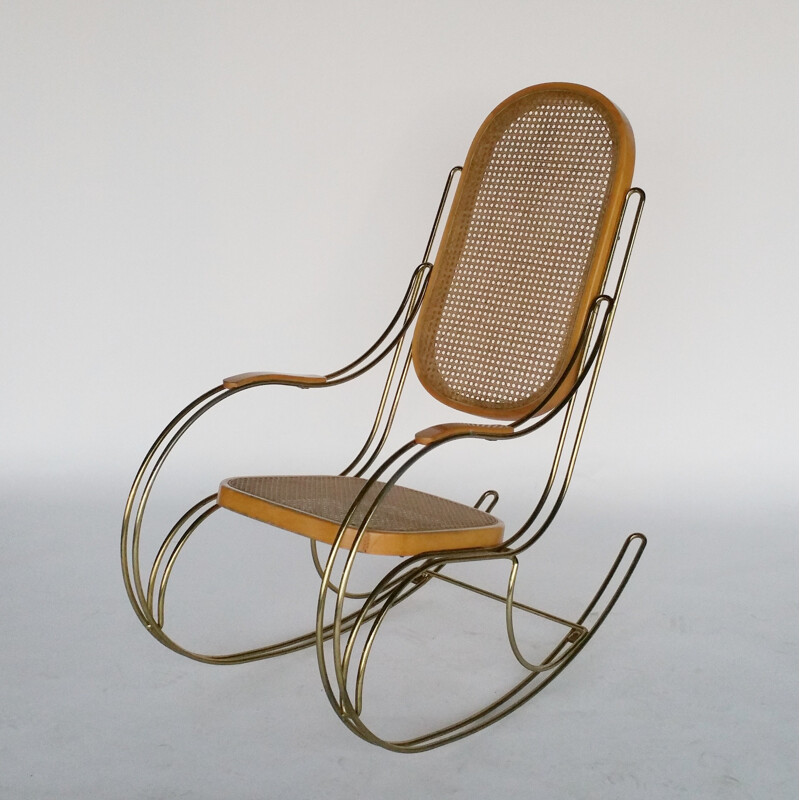 Fauteuil à bascule vintage en métal & canne - 1970