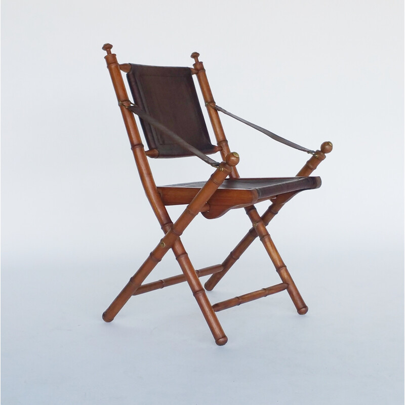 Mid-century Leather and Teak Campaign Folding Chair - 1980s