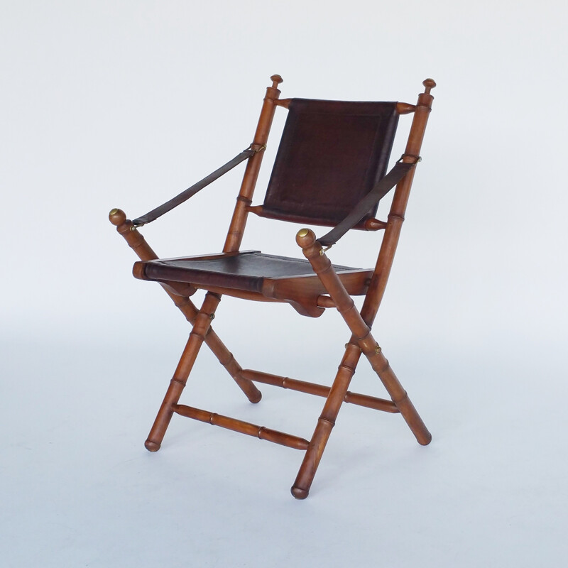 Mid-century Leather and Teak Campaign Folding Chair - 1980s