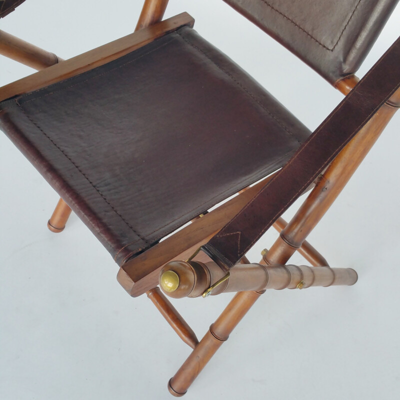 Mid-century Leather and Teak Campaign Folding Chair - 1980s