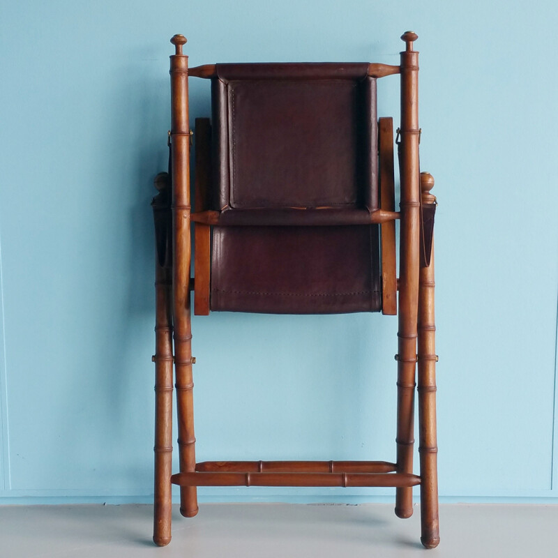 Mid-century Leather and Teak Campaign Folding Chair - 1980s