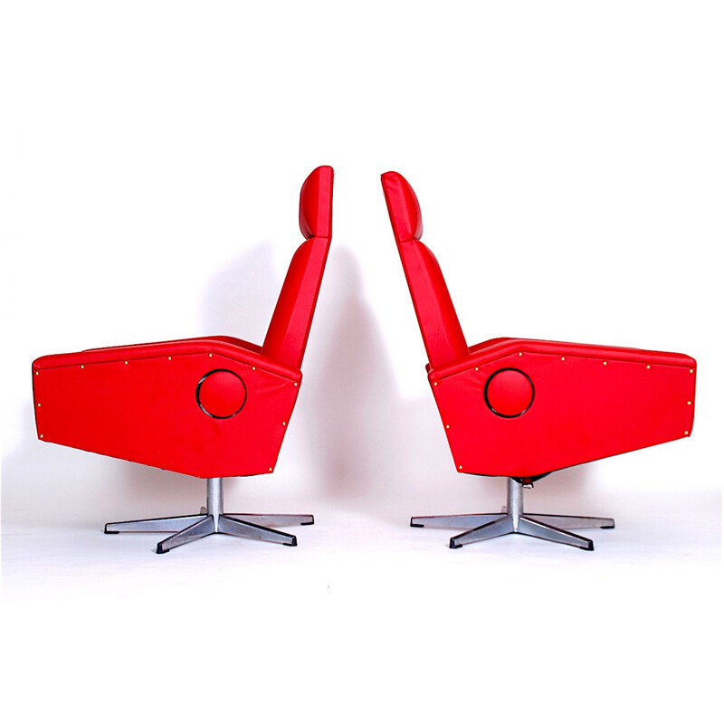 Paar rode verstelbare fauteuils in skai - 1970