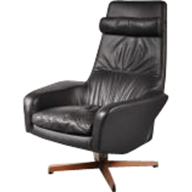 Vintage black leather swivel chair by Ib Kofod Larsen for Bovenkamp - 1960s