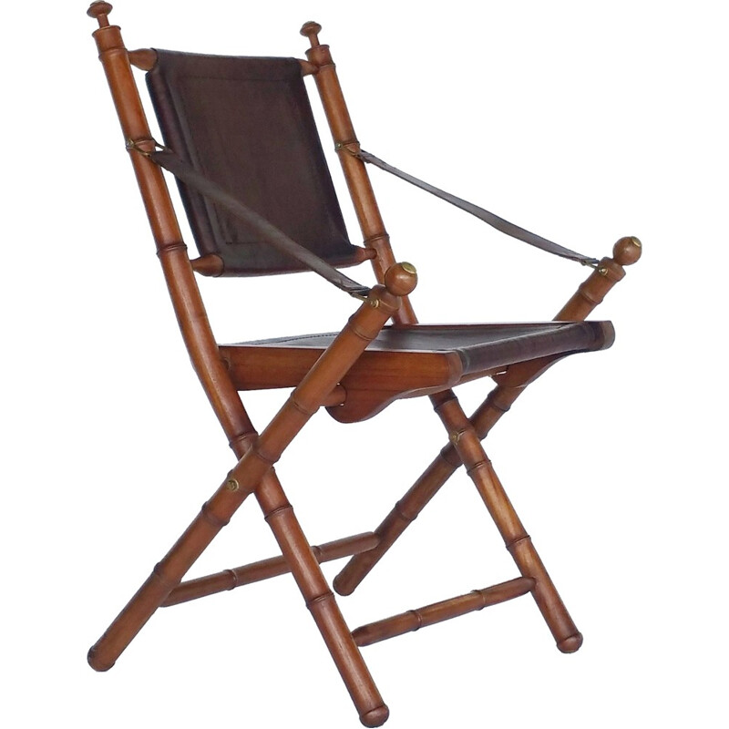 Mid-century Leather and Teak Campaign Folding Chair - 1980s