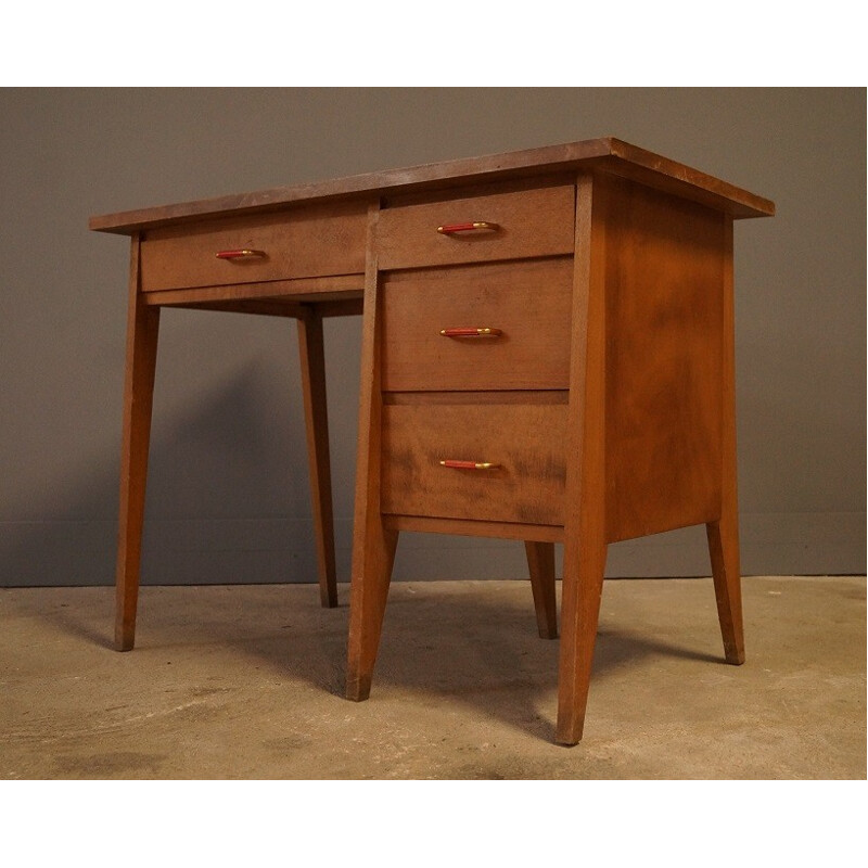 Bureau en bois vintage piétement compas - 1950