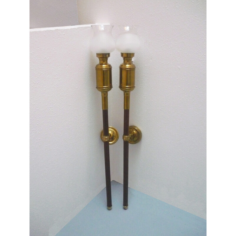 Vintage pair of Torch wall lamps made of solid brass and mahogany - 1940s