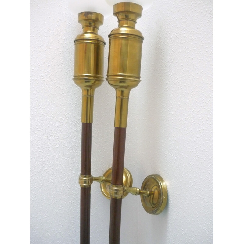 Vintage pair of Torch wall lamps made of solid brass and mahogany - 1940s