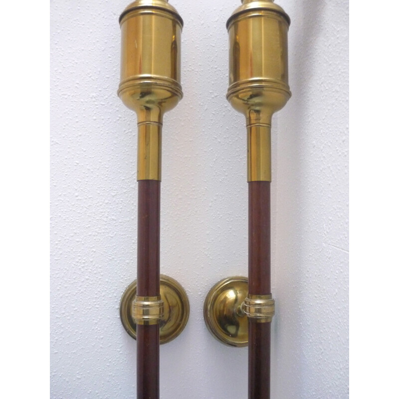 Vintage pair of Torch wall lamps made of solid brass and mahogany - 1940s