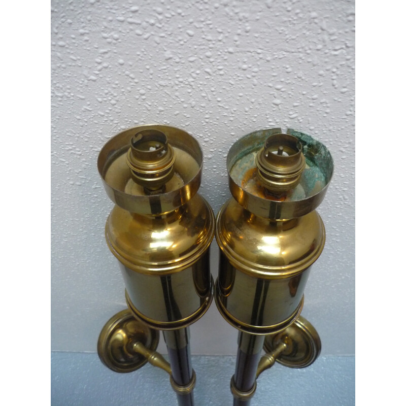 Vintage pair of Torch wall lamps made of solid brass and mahogany - 1940s