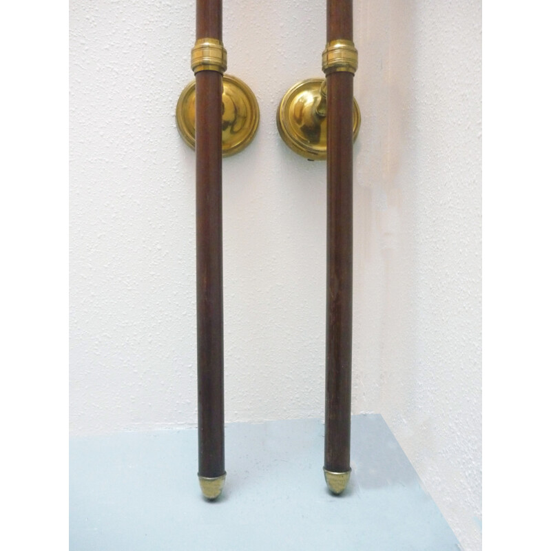 Vintage pair of Torch wall lamps made of solid brass and mahogany - 1940s