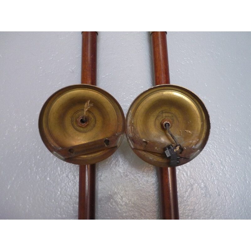 Vintage pair of Torch wall lamps made of solid brass and mahogany - 1940s