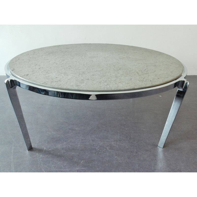 Large round vintage coffeetable with stone top on a chrome frame - 1970s