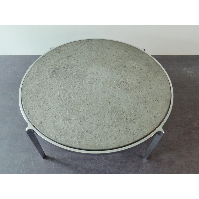 Large round vintage coffeetable with stone top on a chrome frame - 1970s