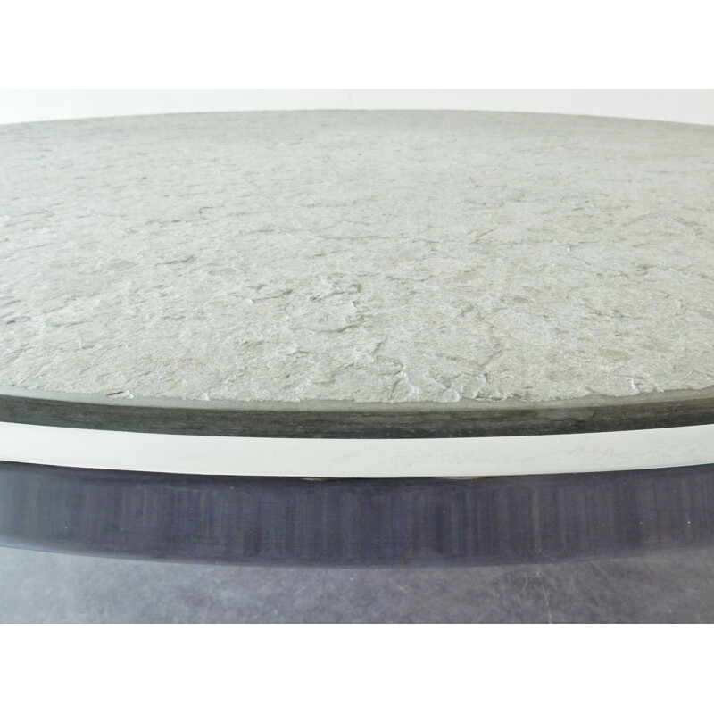 Large round vintage coffeetable with stone top on a chrome frame - 1970s