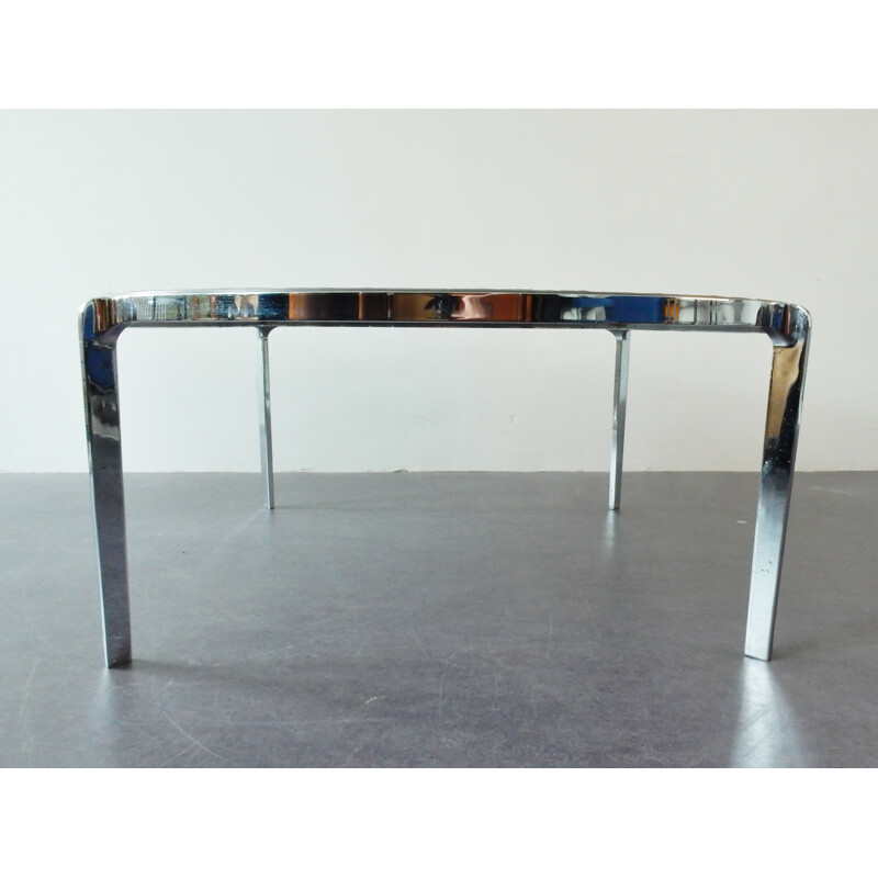 Large round vintage coffeetable with stone top on a chrome frame - 1970s