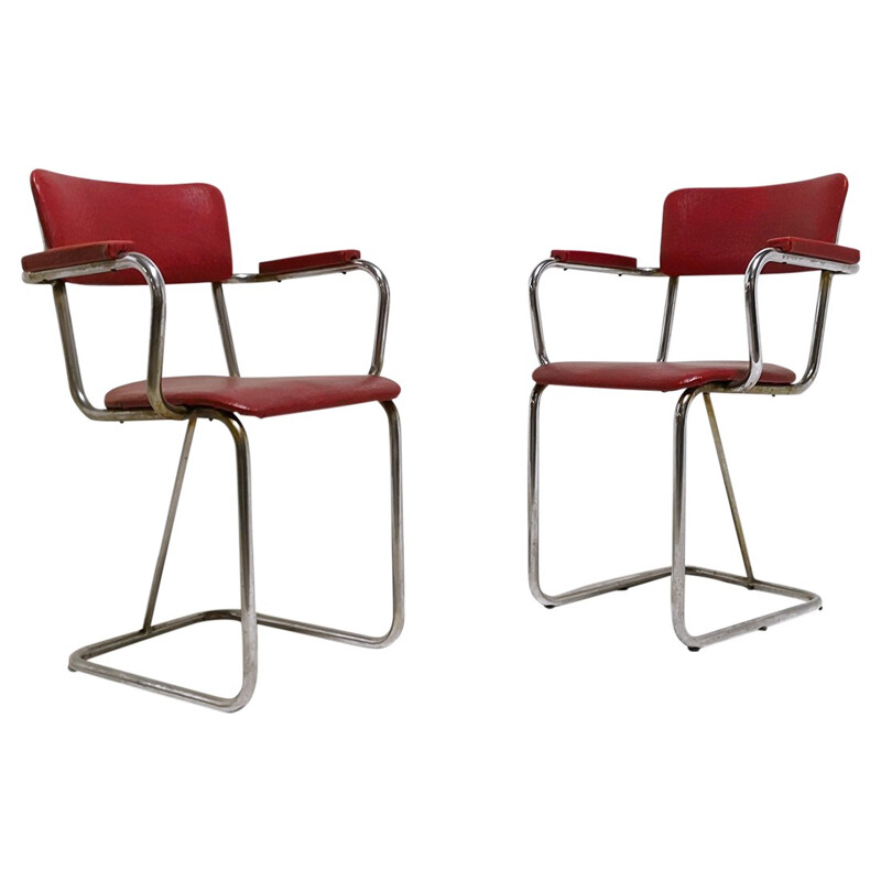 Pair of mid-century bridge armchairs made of tubular chrome steel and imitation leather - 1930s