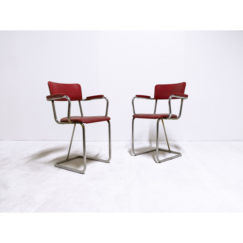 Pair of mid-century bridge armchairs made of tubular chrome steel and imitation leather - 1930s