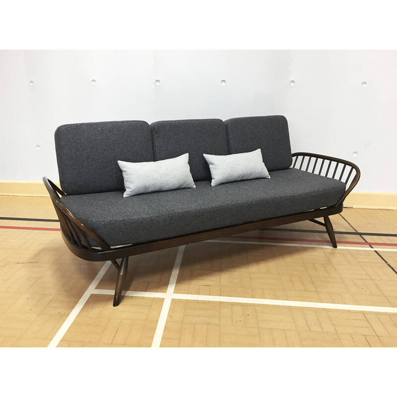 Mid-century Ercol Sofa Daybed Reupholstered In Grey Wool - 1970s